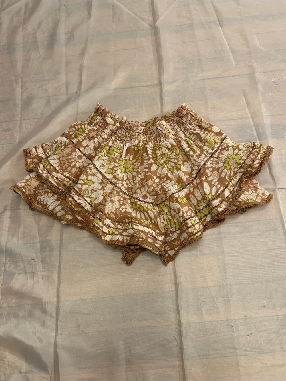 aerie Brown Floral Ruffle Skort with White & Lime Accents